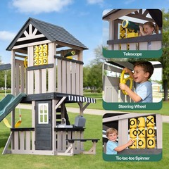 Large Wood Kid Swing Set Slide,Rock Wall,PlayKitchen Backyard Outdoor Playground