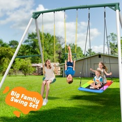 Hapfan 700lbs 9.5FT Heavy Duty Metal Swing Sets with 2 Belt Swings & Trapeze Bar