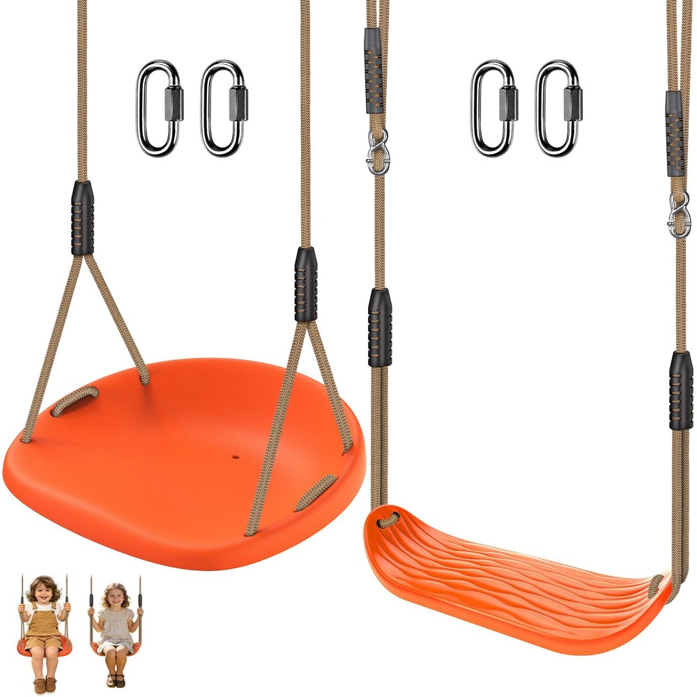 Heavy Duty 2-Pack Orange Tree Swing Seats for Kids & Adults. Adj Rope & Hooks.
