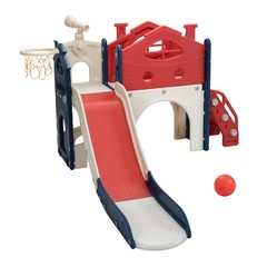 6 in 1 Toddler Slide, Kids Slide with Climber, Basketball Hoop, Tunnel