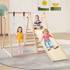 5-in-1 Kids Indoor Playground w/Slide Climbing Rock Adjustable Swing Wooden