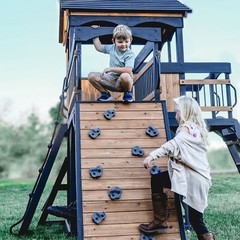 Timber Crossing Swing Set – Cedar Wood Outdoor Playset, Rock Wall, Slide, Swings