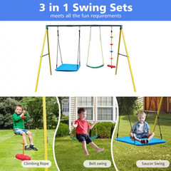 3 in 1 Indoor/Outdoor Metal Patio Swing Set with Safety Belt for Backyard