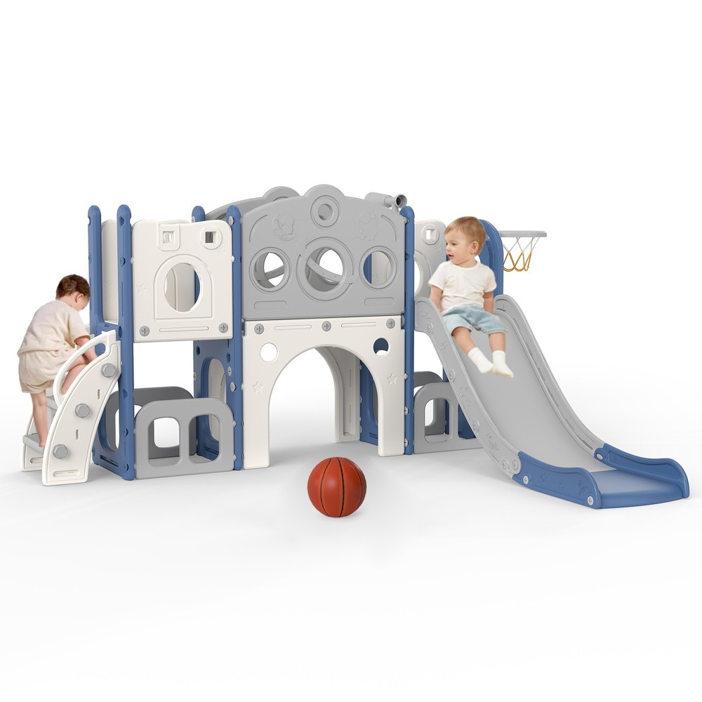 8 in 1 Toddler Slide Set Kids Slide with Basketball Hoop, Playset for Kids Blue