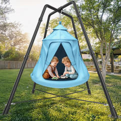 Light Blue Tent Swing Set with Rainbow Lights – 330 lbs Capacity, Indoor/Outdoor
