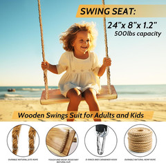 Wooden Swing,Wood Tree Swing for Adults Kids,Adjustable Hemp Rope plus Tree Stra