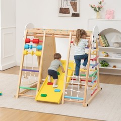 Foldable Kids Climbing Frame & Slide Wooden Playground Swing Monkey Bars
