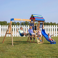 Cedar Wood Swing Set Slide Play Deck Rock Wall Ladder Outdoor Backyard Play Set