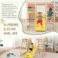 9-in-1 Kids Playground, Foldable Wooden Climbing Frame Slide Swing for Ages 3+