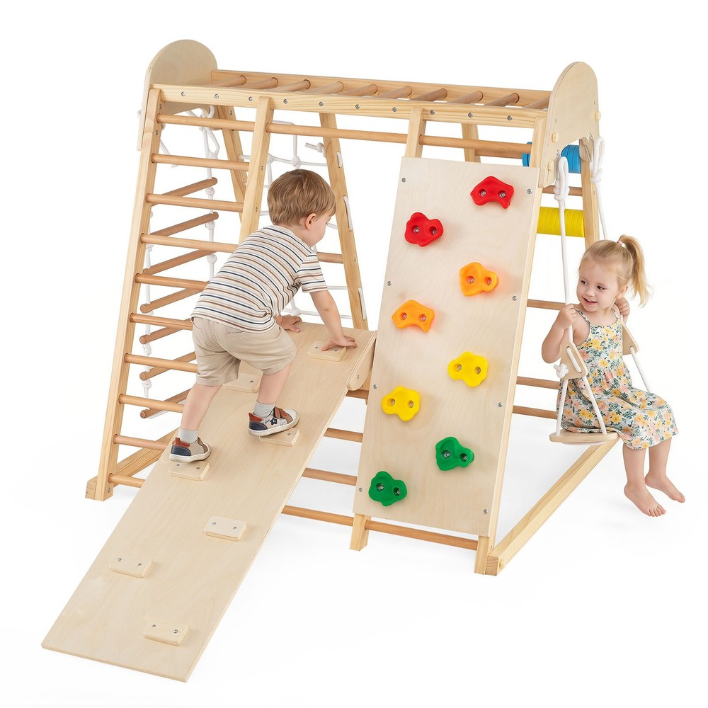 Indoor Jungle Gym for Kids 8-in-1 Montessori Climber Playset w/Swing Monkey Bars