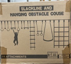 52′ Slackline & steel ratchet Ninja Line w/11 Hanging Obstacle Attachments. 5+