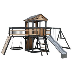 Timber Crossing Swing Set – Cedar Wood Outdoor Playset, Rock Wall, Slide, Swings