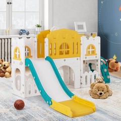 All in 1 Toddle Slide Playset Freestanding Kids Slide w/ Tunnel Basketball Hoop