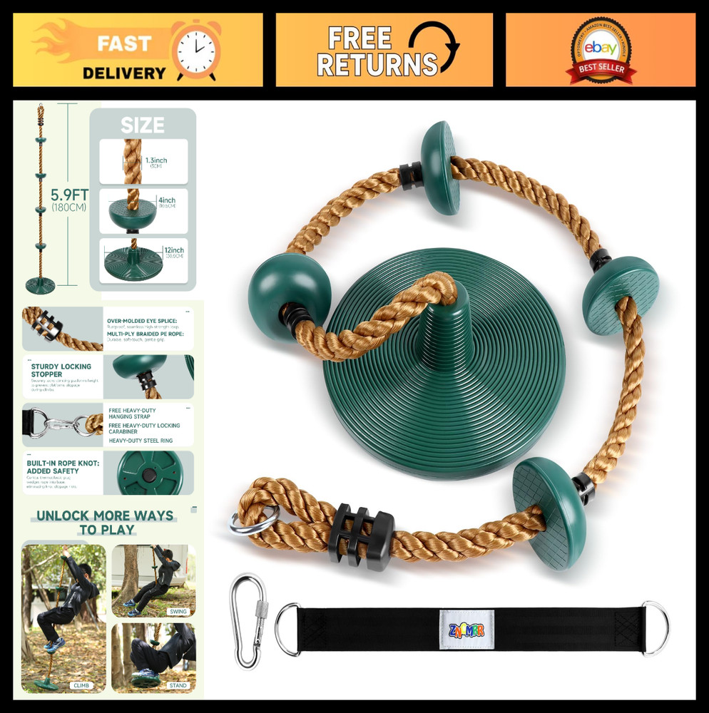 Climbing Rope & Disc Swing Seat Set – Playground Accessories with Bonus Strap &