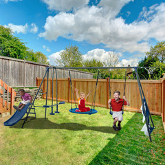 Outdoor Swing Set 6 Functions w/ Net, Slide, Glider Ages 3+ 440lb