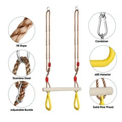 Trapeze Swing Bar with Rings, Wooden Trapeze Swing Bar with Plastic Gym Rings…