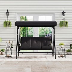 IDEALHOUSE 3-Seat Patio Swing w/ Stand, Convertible Bed, Adj. UV Canopy, 800lb