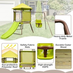 4-in-1 Kids Outdoor Metal Playset with Covered Playhouse Fort, Slide & Ladder