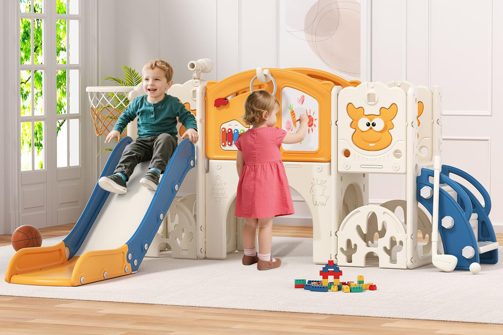 13-in-1 Toddler Slide Set with Basketball, Golf & Drawing Board – Blue & Yellow