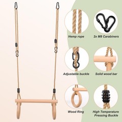 Children’s Trapeze Swing Bar with Wooden Gym Rings,Trapeze Bar for Swing Set