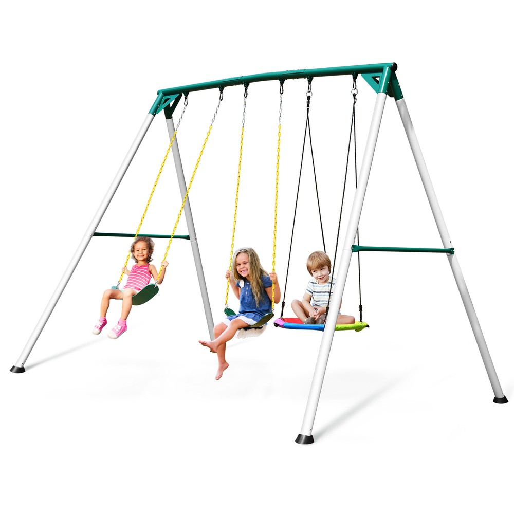 700lbs Big Brutus 9.5 Ft Metal Swing Set w/3 Swing Kids Adult Heavy Duty Playset