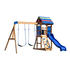 Cedar Wood Swing Set Slide Play Deck Rock Wall Ladder Outdoor Backyard Play Set