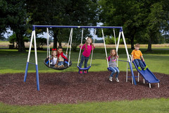 Swingin’ More Fun – 5 User / 4 Station Swing Set with 5′ Wave Slide, Outdoor for