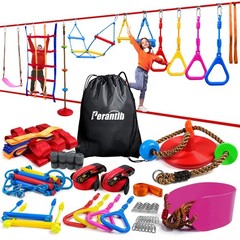 Ninja Warrior Obstacle Course Kids Outdoor Slackline Set w/ Swings & Ladder