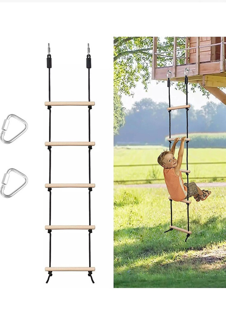 Rope Ladder – Kids Climbing Obstacle Wooden Swing Rope Ladder with 2 Hooks READ