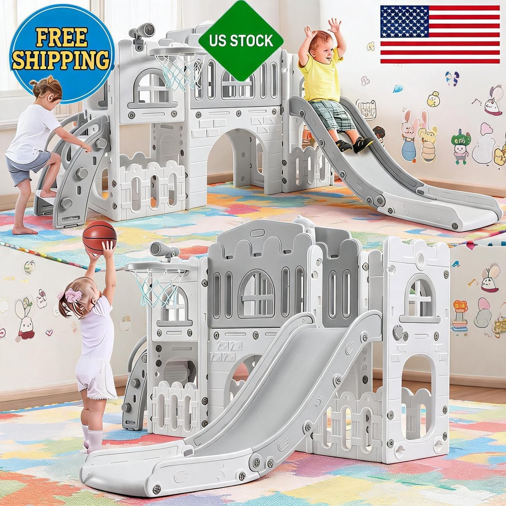 8-in-1 Toddler Playground Set – Slide, Climber, Basketball Hoop Tunnel Telesco