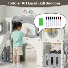 10 in 1 Toddler Slide Set w/ Drawing Board, Climber, Basketball Hoop, Telescope