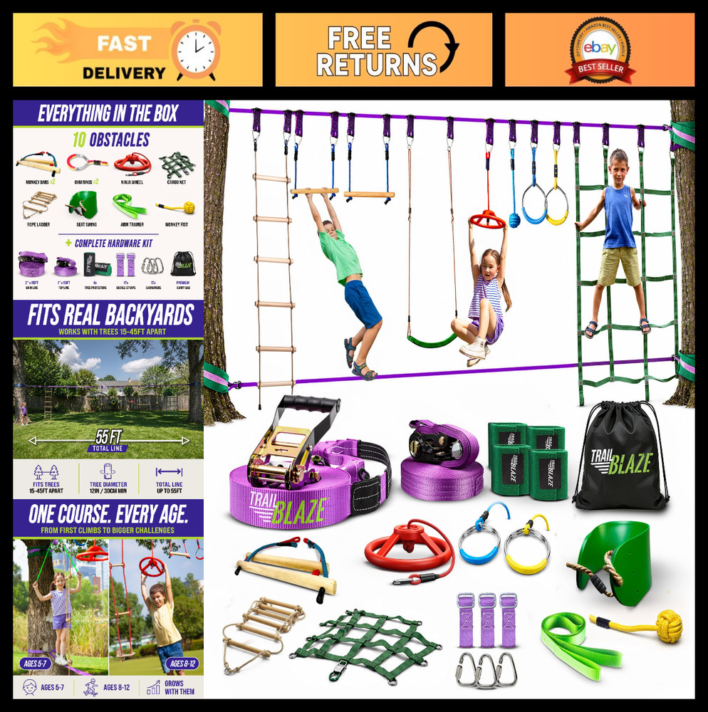 Ultimate Ninja Warrior Obstacle Course for Kids – 2×55 Ft Slackline, Climbing Ne
