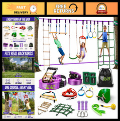 Ultimate Ninja Warrior Obstacle Course for Kids – 2×55 Ft Slackline, Climbing Ne