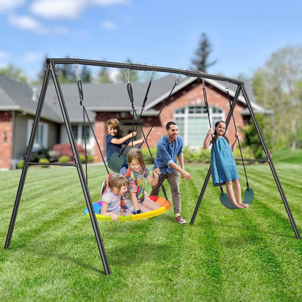 500lb 4 IN 1 Metal Playground Swing Set for Kids Adults Play with 3 Swing Seats