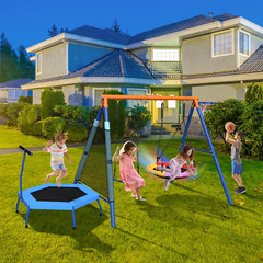 5-in-1 Kids Swing Set with Trampoline, Saucer Swing & Basketball Hoop