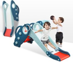 Blue Folding Freestanding Toddler Slide With Basketball And Ring Toss Games