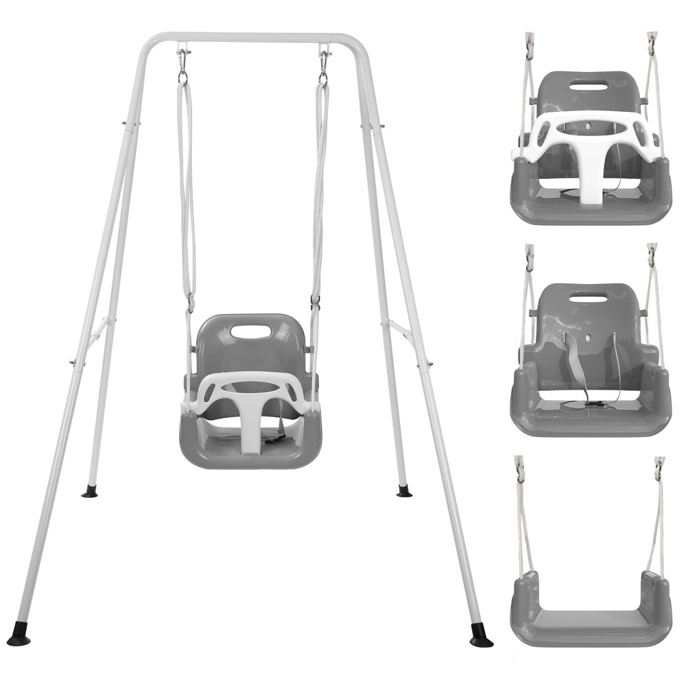 3 in 1 Toddler Swing Set with Metal Stand Indoor Outdoor Baby Swing Gray