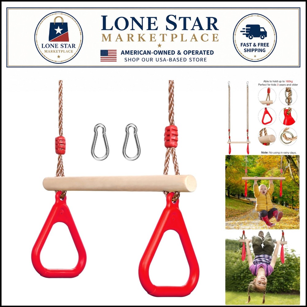 Sturdy Wooden Trapeze Swing Bar with Gym Rings for Kids – Indoor & Outdoor Fun