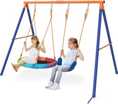 Pre-Owned Swing Set with Stand 2 Swings Kids Heavy Duty Metal A-Frame Outdoor