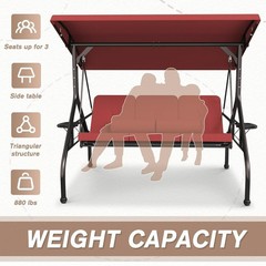 3 Seat Outdoor Porch Swing Chair, Adjustable Canopy Swing Bench, Convertible