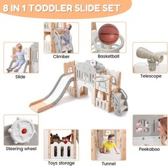 8 In 1 Toddler Slide & Climber Set Pink-Gray Indoor Outdoor Playground for Kids