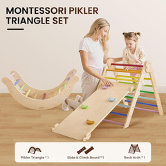 Pikler Triangle Set, 7-In-1 Foldable Climbing Toys for Toddlers 1-6 Years Old, W
