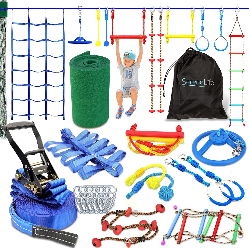 Ninja Warrior Slack Line Obstacle Course 50Ft Slackline with 18 Jungle Gym Tree