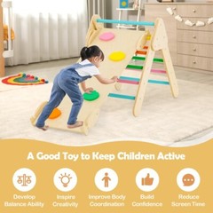2-in-1 Wooden Climbing Ladder Kids Triangle Climber Toy w/Climbing Ramp and Arch