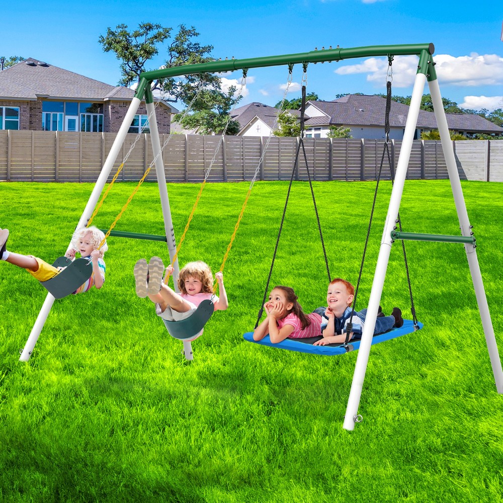 660lb 7.5ft Metal Heavy Duty 3 Swings Swing Sets for Backyard Outdoor Playground