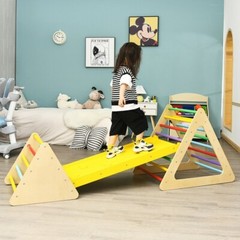 3-in-1 Kid Climbing Ladder Set 2-Triangle Climber W/ Ramp Sliding Wooden Playset