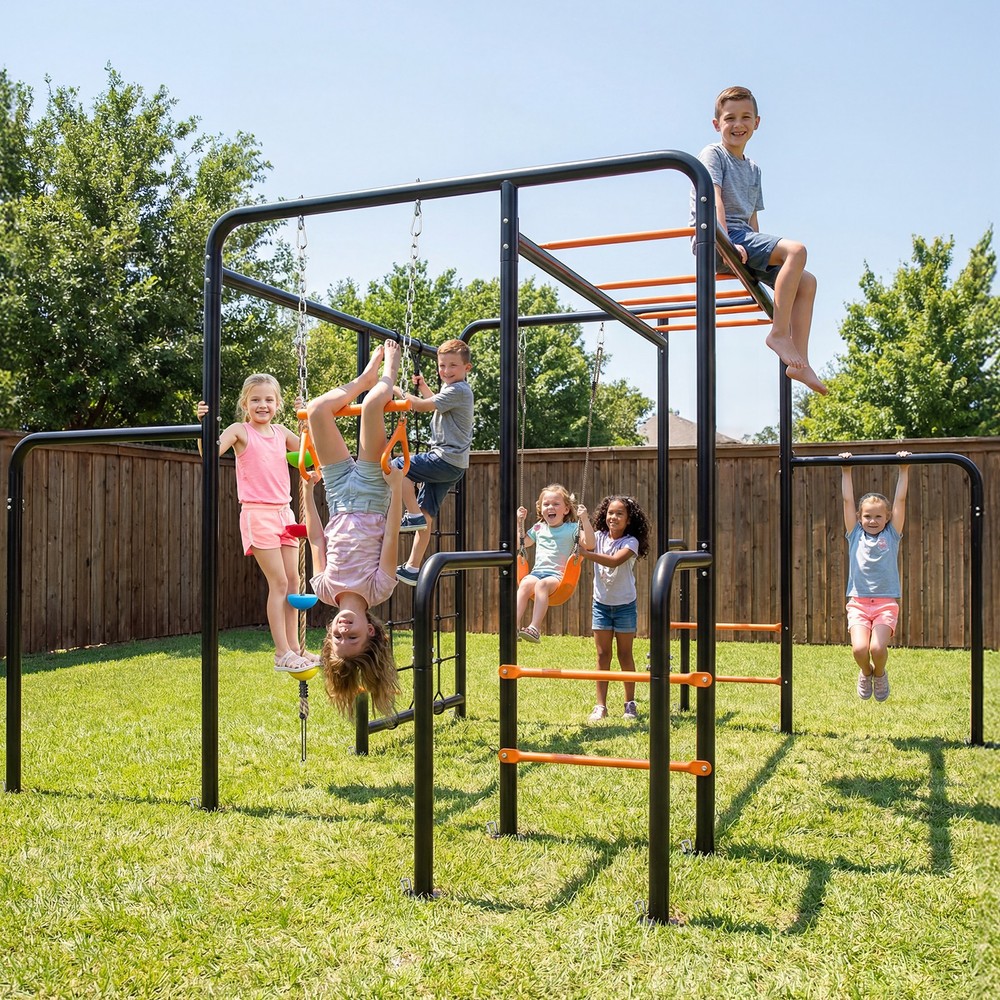Metal Swing Set Climbing Net Trapeze Swing Bar Weather-Resistant Kids Playset