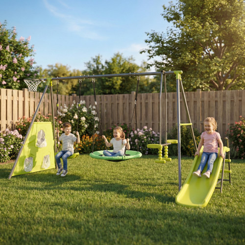 6 Function Swing Set w/ Net Swing, Slide, Hoop, 440 lbs, Green