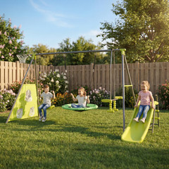 6 Function Swing Set w/ Net Swing, Slide, Hoop, 440 lbs, Green