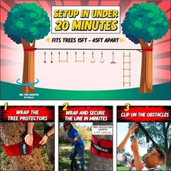 Ninja Warrior Obstacle Course for Kids – 50Ft Slackline with 8 Obstacles, Monkey